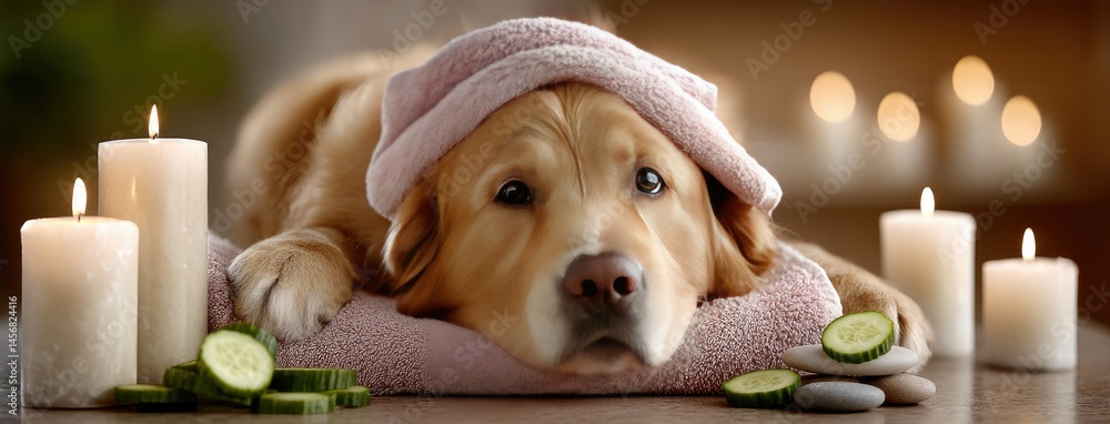 Poster golden retriever enjoys a relaxing spa day with cucumber slices and soft towels in a serene candleli