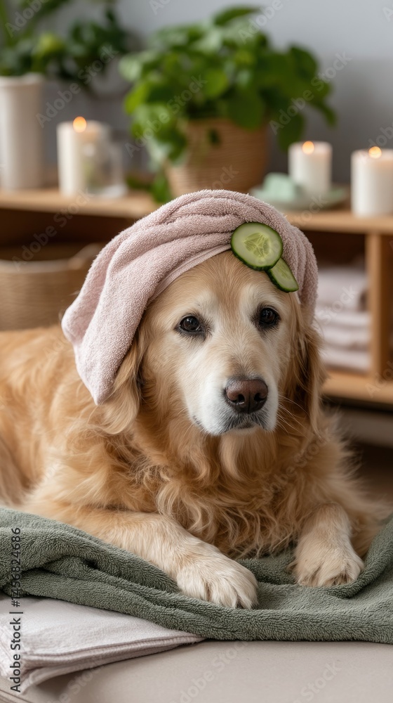 Poster golden retriever enjoys a relaxing spa day with a towel and cucumber slices in a soothing candlelit 