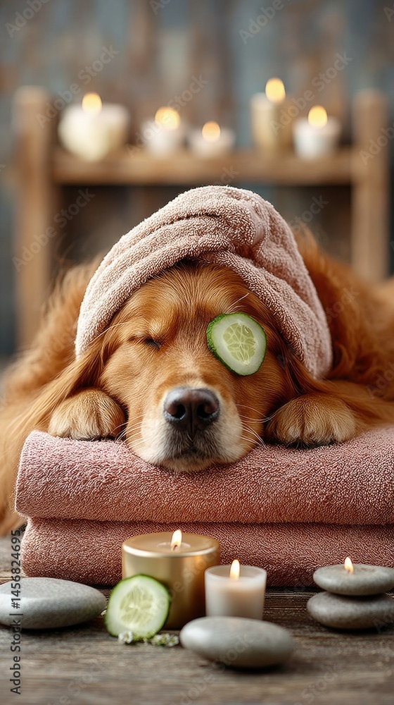 Poster golden retriever enjoys a relaxing spa experience with towel on head and cucumbers over eyes, surrou