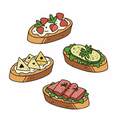 Illustration of bread slices, topped with white cream and strawberries
