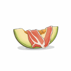Cartoonish slice of melon with seeds and skin at the bottom of the image