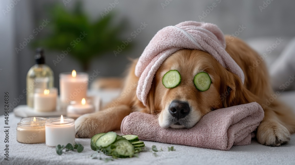 Poster Golden Retriever enjoys a relaxing spa day with a towel on its head and cucumbers over its eyes in a serene candlelit setting
