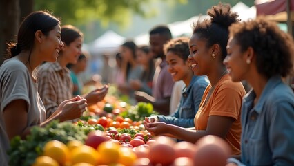 Naklejka premium Diverse People Shopping at Vibrant Farmers Market, Selecting Fresh Fruits and Vegetables, Promoting Healthy Lifestyle 