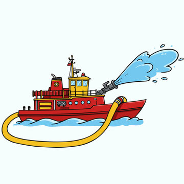 Cartoon fireboat spraying stream of water. Red, yellow and grey ship in simple style