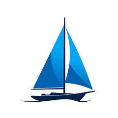 Blue and navy sailboat on white background. Sails are blown up. Fun and carefree