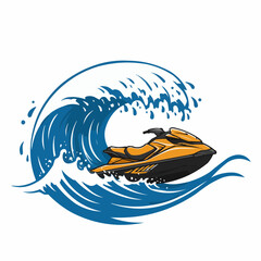 Cartoonish wave, blue with crests and splashes, over equipment illustration
