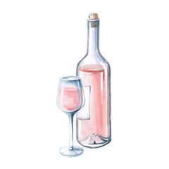 Partial bottle of rose wine and glass. Isolated watercolor illustration for restaurant menu design, summer parties.