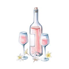Wine bottle with two glasses of rose wine and frangepani flowers. Isolated watercolor illustration for restaurant menu design, interior decoration, poster printing.