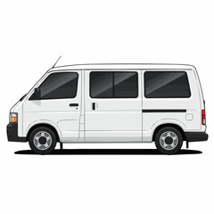 A graphic illustration of a white van shown from the side with tinted windows