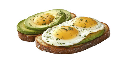 Delicious breakfast toasts featuring ripe avocado slices and fried eggs sprinkled with seasoning and herbs, isolated on a transparent background, PNG image, PNG file.