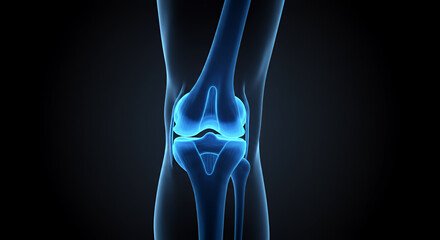 Detailed 3D Visualization of Human Knee Joint with Glowing Blue Ligaments and Cartilage on Dark Background