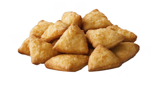 Crispy, golden-brown fried triangular pastry pile on a dark surface, showcasing delightful cuisine texture detail, appetizing view on a transparent background, PNG image, PNG file.