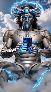 Dieu futuriste du tonnerre en m&eacute;ditation num&eacute;rique dans les nuages