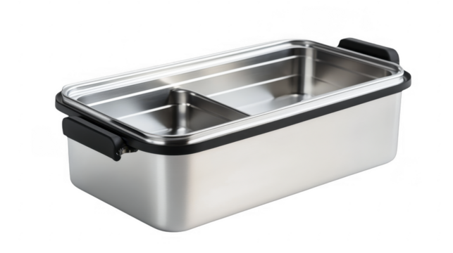 Modern metal lunchbox with two compartments and black plastic trim, suitable for meal prep and food storage on a transparent background, PNG image, PNG file.