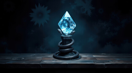 Mystical glowing crystal entwined with serpents in a dark whimsigothic setting