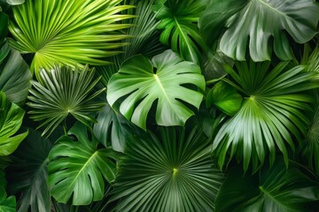 Lush tropical leaves in a vibrant green arrangement.