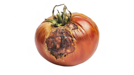 Close-up of spoiled tomato showing decay, with a large rotten patch and stem, on a transparent background, PNG image, PNG file.