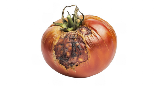 Close-up of spoiled tomato showing decay, with a large rotten patch and stem, on a transparent background, PNG image, PNG file.