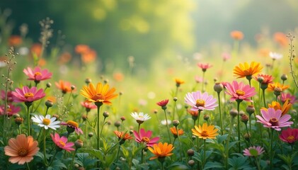 Obraz premium Scattered wildflowers, slightly overlapping, vibrant hues, print, design element, simple flower