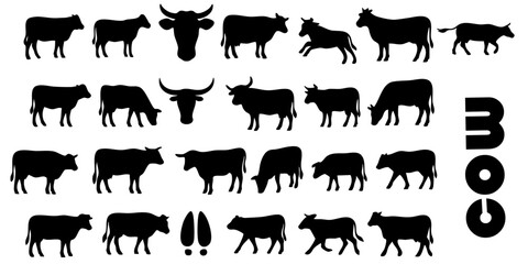 Cow and Buffalo Silhouettes in Various Poses and Positions – Vector Illustration Set