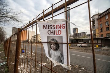 Torn missing child poster flapping on rusty fence in an urban area capturing a moment of hope amidst desolation