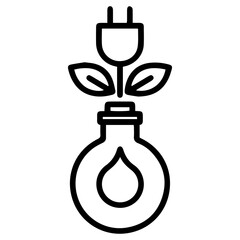 Eco energy (outline style). A lightbulb containing a water droplet sprouts leaves and culminates in a plug, symbolizing green energy, sustainability, or renewable power. Represents friendly energy