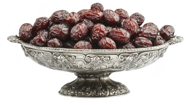 Pile of glossy Medjool dates overflows an ornate silver pedestal bowl, displaying rich texture and color contrast on a transparent background, PNG image, PNG file.