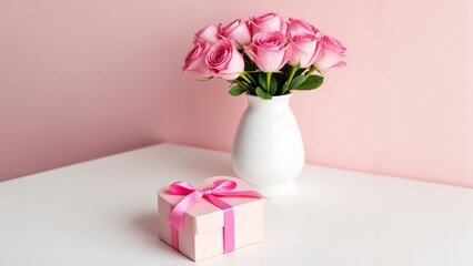 Naklejka premium A white vase filled with pink roses next to a pink gift box.
