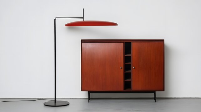 Mid Century Modern Red Lamp and Wooden Cabinet