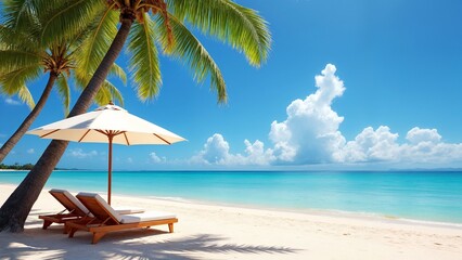 Obraz premium A beach with two lounge chairs and an umbrella on the sand.