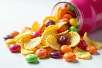 Pile of colorful candy, chips, and soda on white , energy, tempting