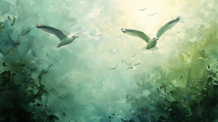 Surreal scene of seagulls soaring above a verdant cliffside, blending wildlife and dreamlike elements in a lush, imaginative landscape of zoological wonder