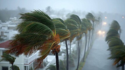 Palm trees blowing in the winds, catastrophic hurricane,top view	