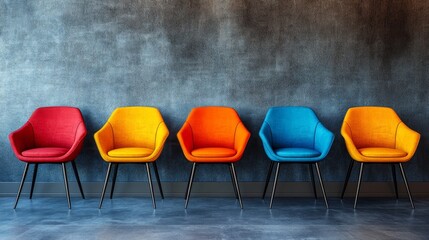 Obraz premium Colorful modern armchairs in row against dark textured wall background.