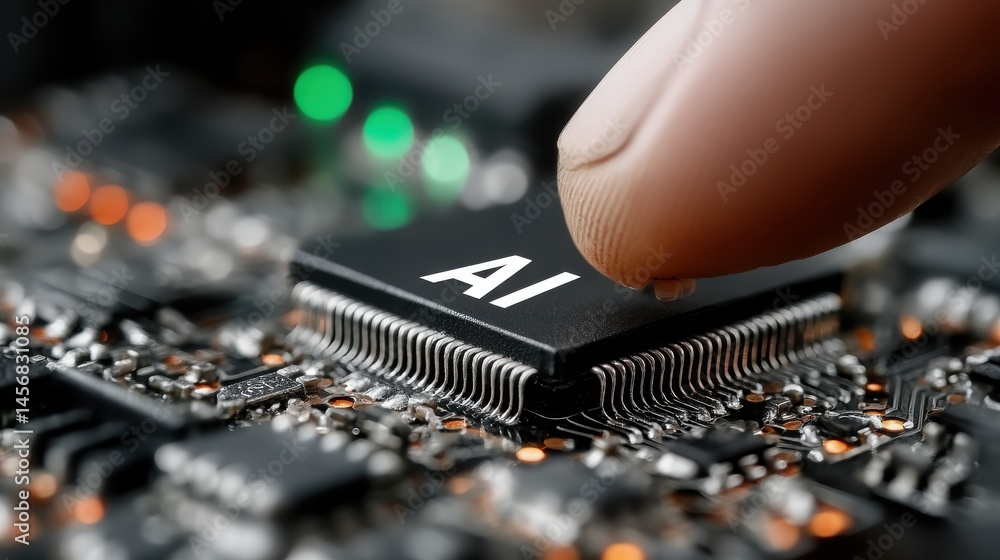 Poster artificial intelligence ai circuit board in shape electronic pcb circuit icon symbol on businessman 