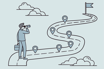 1 business strategy, winding path, location pins, goal achievement, cartoon illustration, blue background, businessman with binoculars, upward trajectory, minimalist design, journey metaphor, stepping