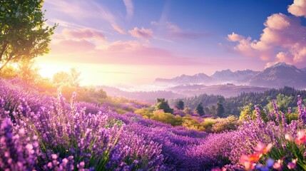 Fototapeta premium A lush field of vibrant lavender blooms stretches across the landscape, rich with green stems and sunlit leaves