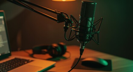 Professional condenser microphone on a boom arm over a desk with a laptop, headphones, and mouse. Studio setup for podcasting, streaming, or voice recording.