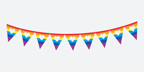 Obraz premium Rainbow Heart Pride Bunting Vector, Pride Month Bunting Banner. Colorful Rainbow Bunting With Pride Month Text Isolated on Blue Background. LGBTQ Bunting Banner. Vector Illustration