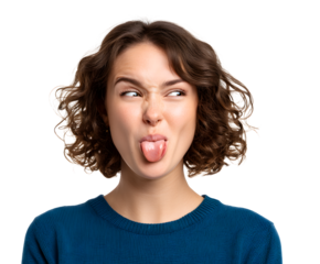 A playful woman with brown curly hair sticks her tongue out and makes a funny face.