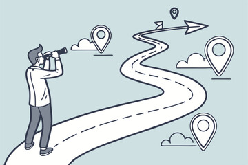 1 business strategy, winding path, location pins, goal achievement, cartoon illustration, blue background, businessman with binoculars, upward trajectory, minimalist design, journey metaphor, stepping