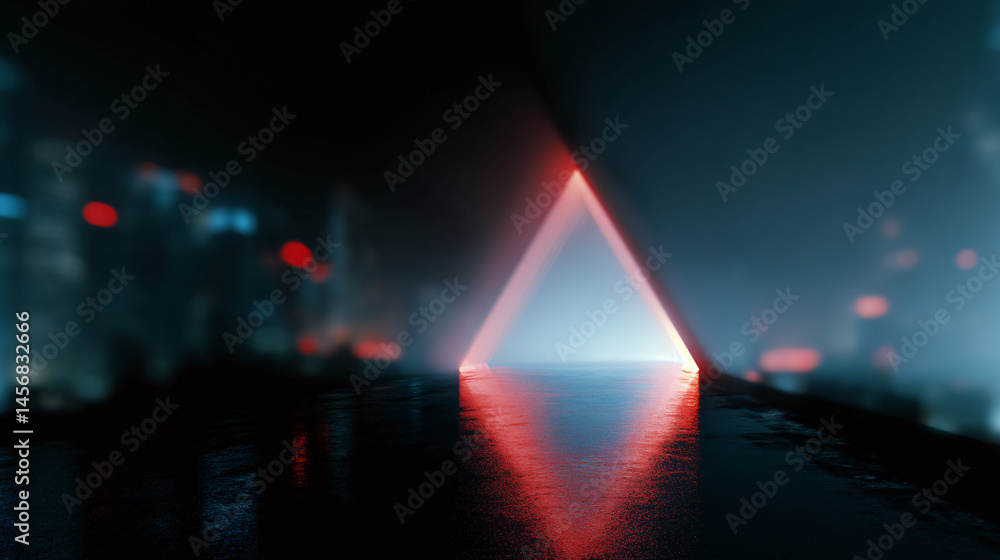Aufkleber geometric neon triangle tunnel glowing in a futurist cityscape creating a dynamic and urban backgrou