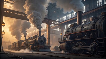 Cinematic action of industrial factory machines operating inside a smoky workshop machinery content industrial environment dynamic viewpoint evocative concept