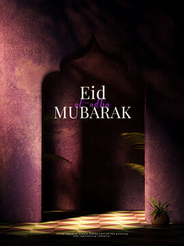 Eid al Adha Mubarak Islamic decoration greetings maroon background 3d render