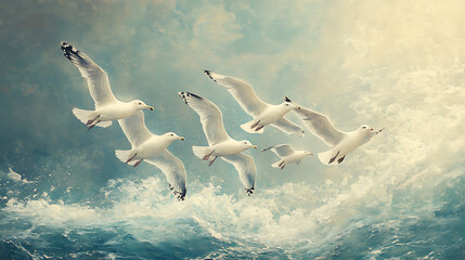 seagulls in flight through a dreamlike sky, blending fantasy with zoological elegance in a unique and imaginative artistic expression