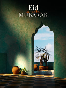 Eid al Adha Mubarak Islamic mosque greetings green background 3d render