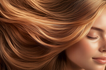 Fototapeta premium woman with long brown hair is smiling. The hair is styled in a way that it looks like it is made of many strands