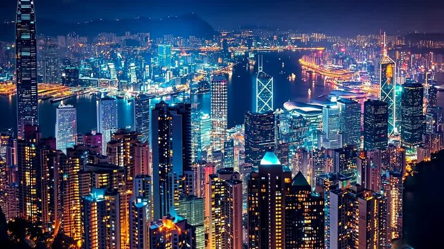 Hong Kong skyline at night.  Dense city of skyscrapers illuminated by vibrant lights