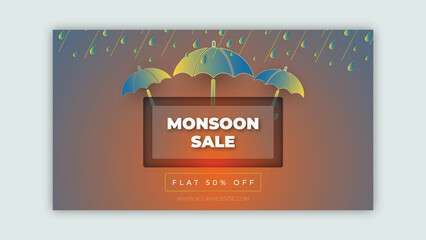 Monsoon Sale Get Flat 50 Off Promotion Monsoon Sale Banner template Design with clouds and umbrella with free spaces