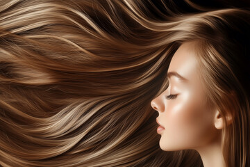 Fototapeta premium woman with long brown hair is shown with her face turned away from the camera. The hair is styled in a way that it is flowing and is the main focus of the image. The woman's face is not visible